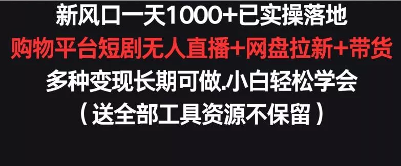 新风口一天1000+已实操落地购物平台短剧无人直播+网盘拉新+带货多种变现长期可做【揭秘】-创享联盟-猴哥资源发布站