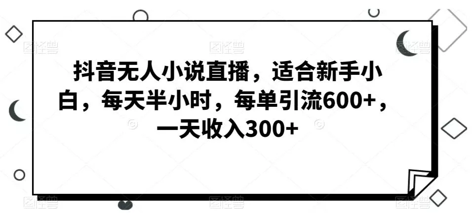 抖音无人小说直播，适合新手小白，每天半小时，每单引流600+，一天收入300+-创享联盟-猴哥资源发布站