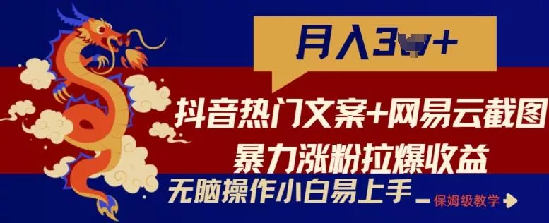 抖音热门文案+网易云截图暴力涨粉拉爆收益玩法，小白无脑操作，简单易上手【揭秘】-创享联盟-猴哥资源发布站