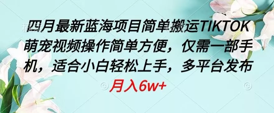 四月最新蓝海项目，简单搬运TIKTOK萌宠视频，操作简单方便，仅需一部手机【揭秘】-创享联盟-猴哥资源发布站