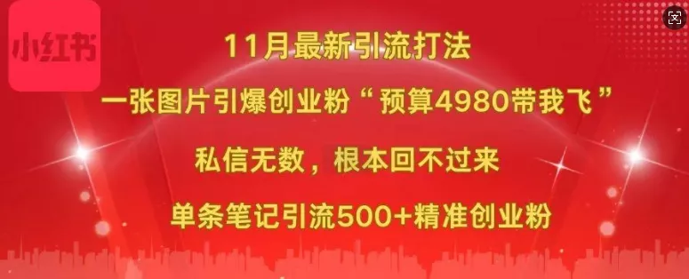 小红书11月最新图片打粉，一张图片引爆创业粉，“预算4980带我飞”，单条引流500+精准创业粉-创享联盟-猴哥资源发布站