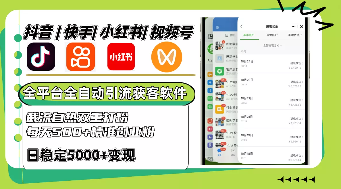 抖音快手小红书视频号全平台全自动引流获客系统，截流自热双重打粉，每天500+精准粉-创享联盟-猴哥资源发布站