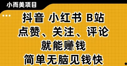 小而美的项目，抖音小红书B站视频点赞、关注、评论就能挣钱，简单无脑立见收益，妥妥的零撸项目【揭秘】-创享联盟-猴哥资源发布站
