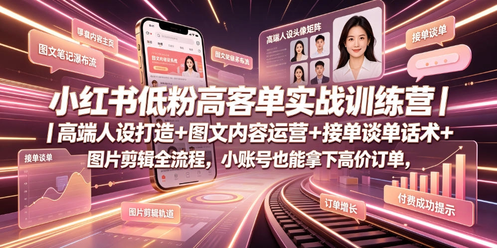 小红书低粉高客单实战训练营｜高端人设打造+图文内容运营+接单谈单话术+图片剪辑全流程，小账号也能拿下高价订单 - 猴哥资源采集站
