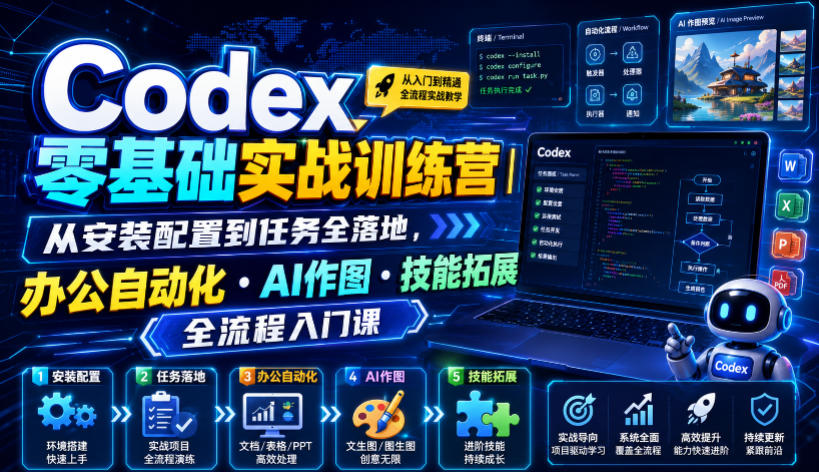 Codex零基础实战训练营｜从安装配置到任务全落地，办公自动化・AI作图・技能拓展全流程入门课-创享联盟-猴哥资源发布站