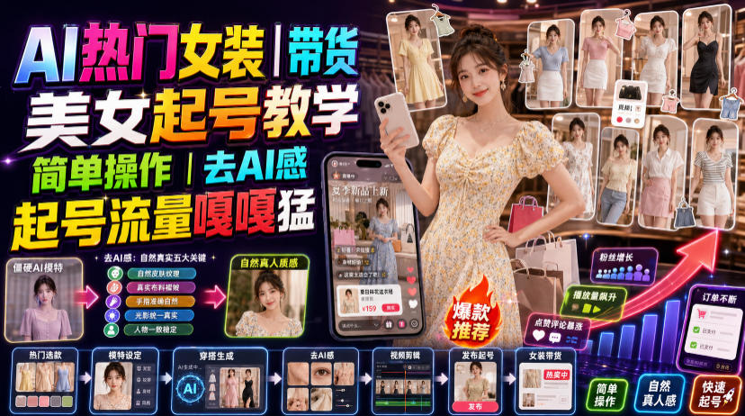 AI热门女装带货丨美女起号教学，简单操作，去AI感，起号流量嘎嘎猛-创享联盟-猴哥资源发布站