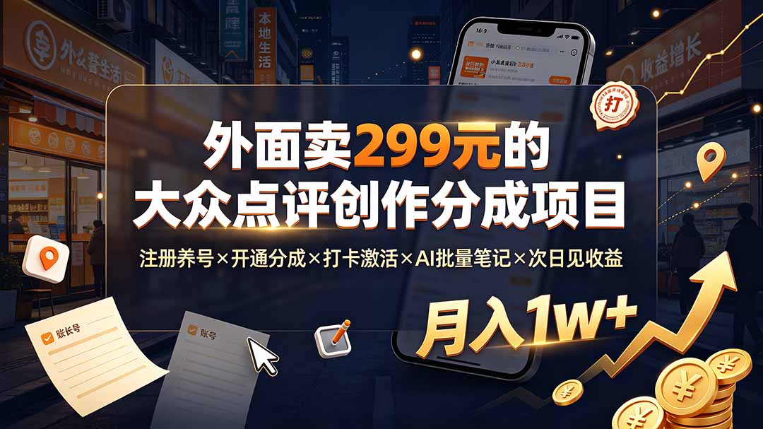 外面卖299元的大众点评创作分成项目：注册养号×开通分成×打卡激活×AI批量笔记×次日见收益，月入1w+-创享联盟-猴哥资源发布站